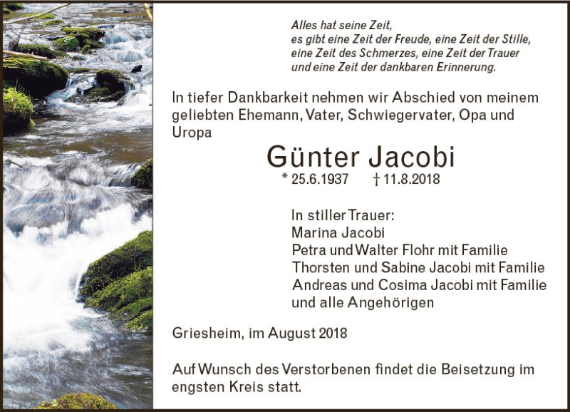  Traueranzeige für Günter Jacobi vom 18.08.2018 aus vrm-trauer