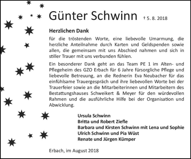  Traueranzeige für Günter Schwinn vom 01.09.2018 aus vrm-trauer