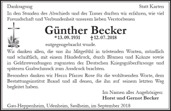 Traueranzeige von Günther Becker von vrm-trauer