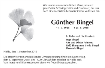 Traueranzeige von Günther Bingel von  Kreisanzeiger
