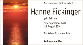Traueranzeige von Hanne Fickinger von vrm-trauer