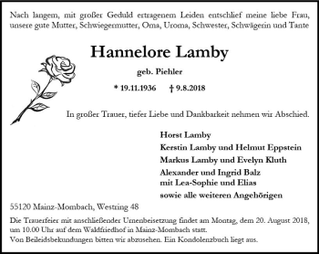 Traueranzeige von Hannelore Lamby von vrm-trauer