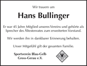 Traueranzeige von Hans Bullinger von vrm-trauer