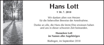 Traueranzeige von Hans Lott von  Kreisanzeiger