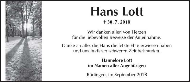  Traueranzeige für Hans Lott vom 01.09.2018 aus  Kreisanzeiger