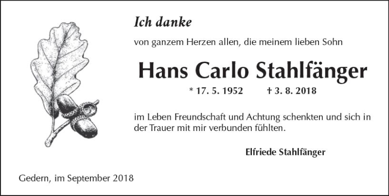  Traueranzeige für Hans Carlo Stahlfänger vom 01.09.2018 aus  Kreisanzeiger
