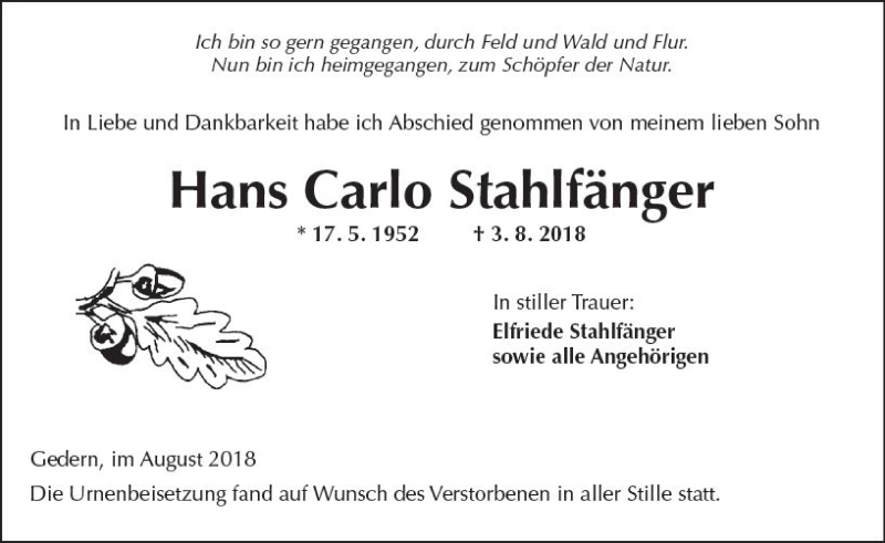  Traueranzeige für Hans Carlo Stahlfänger vom 18.08.2018 aus  Kreisanzeiger