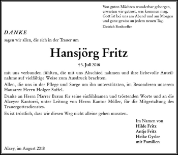 Traueranzeige von Hansjörg Fritz von vrm-trauer