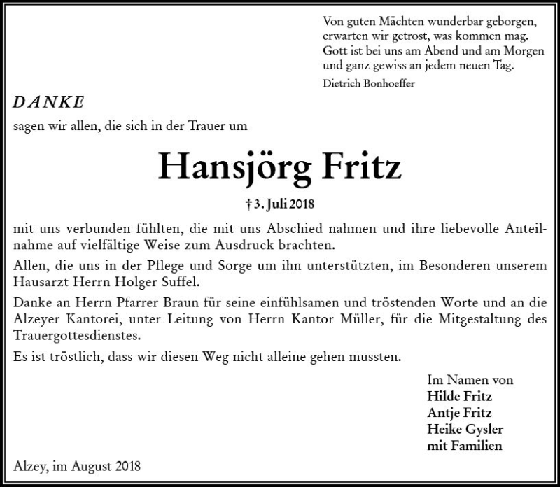  Traueranzeige für Hansjörg Fritz vom 18.08.2018 aus vrm-trauer