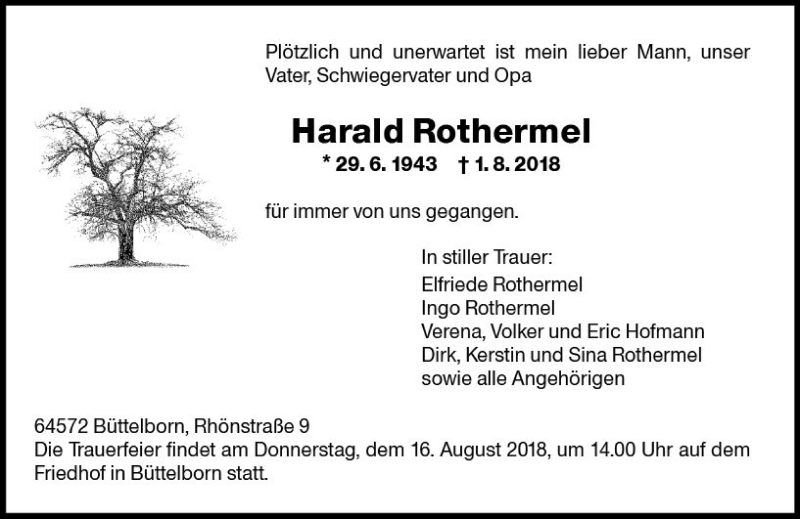  Traueranzeige für Harald Rothermel vom 14.08.2018 aus vrm-trauer