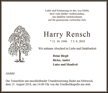 Traueranzeige von Harry Rensch von VRM Trauer