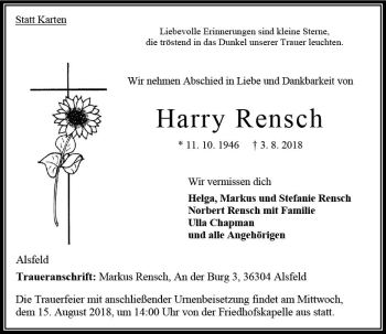 Traueranzeige von Harry Rensch von VRM Trauer