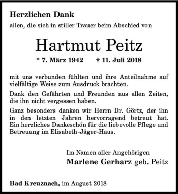 Traueranzeige von Hartmut Peitz von vrm-trauer