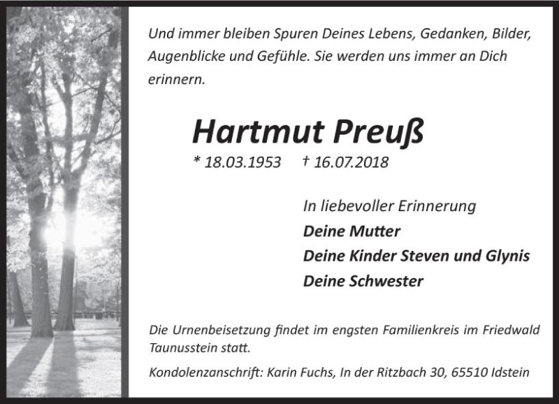  Traueranzeige für Hartmut Preuß vom 18.08.2018 aus vrm-trauer