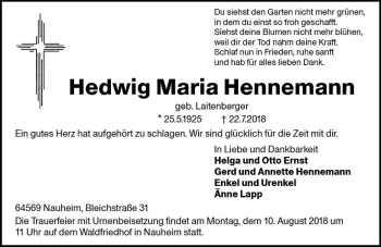 Traueranzeige von Hedwig Maria Hennemann von vrm-trauer