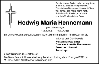 Traueranzeige von Hedwig Maria Hennemann von vrm-trauer