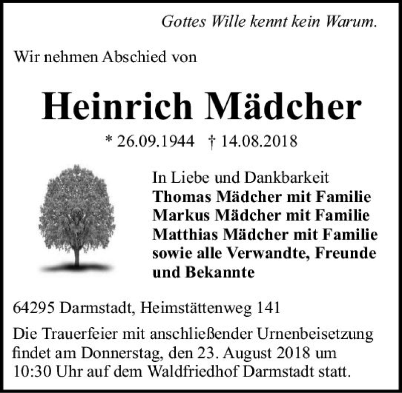  Traueranzeige für Heinrich Mädcher vom 18.08.2018 aus vrm-trauer