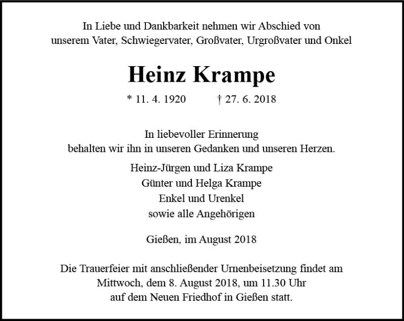  Traueranzeige für Heinz Krampe vom 04.08.2018 aus  Gießener Anzeiger