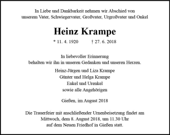 Traueranzeige von Heinz Krampe von  Gießener Anzeiger