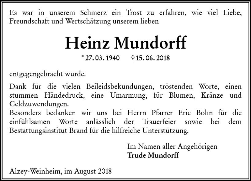  Traueranzeige für Heinz Mundorff vom 11.08.2018 aus vrm-trauer