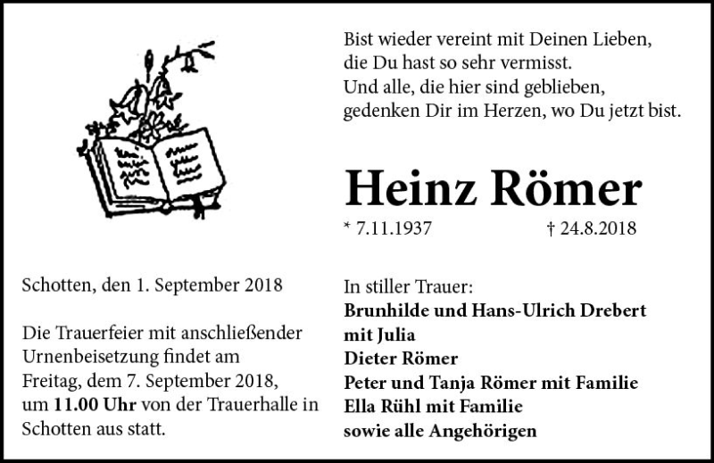  Traueranzeige für Heinz Römer vom 01.09.2018 aus VRM Trauer