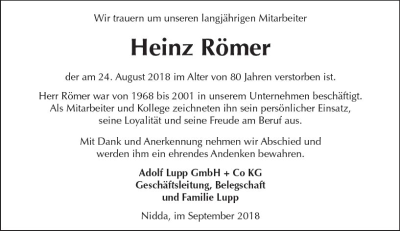  Traueranzeige für Heinz Römer vom 01.09.2018 aus  Kreisanzeiger