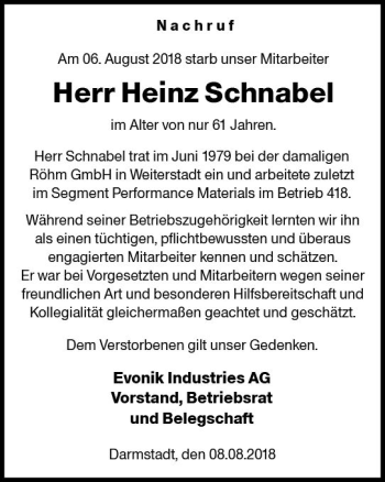 Traueranzeige von Heinz Schnabel von vrm-trauer