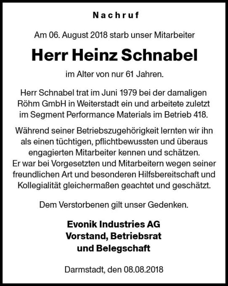  Traueranzeige für Heinz Schnabel vom 11.08.2018 aus vrm-trauer