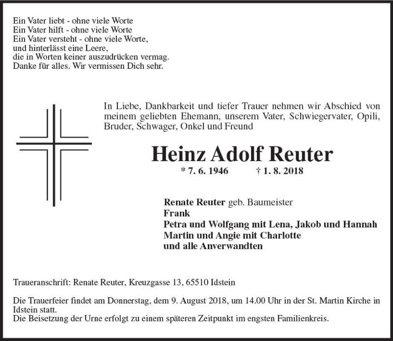  Traueranzeige für Heinz Adolf Reuter vom 04.08.2018 aus vrm-trauer