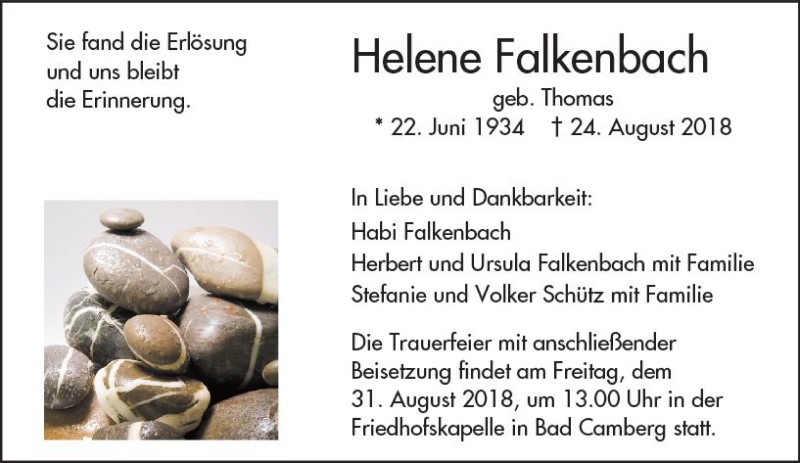 Traueranzeige für Helene Falkenbach vom 30.08.2018 aus  Camberger Anzeiger