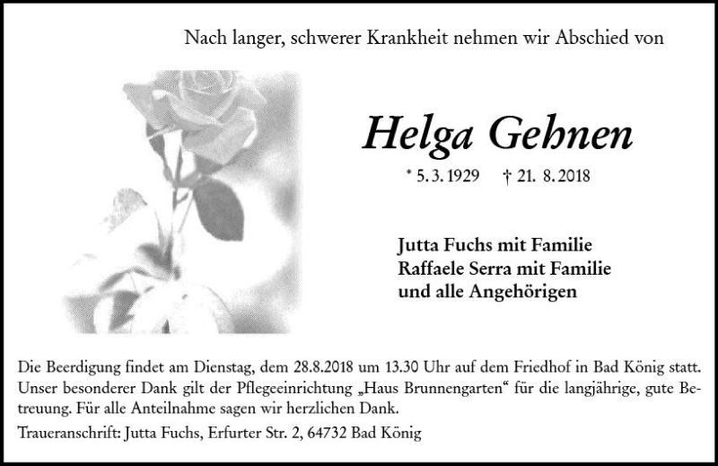  Traueranzeige für Helga Gehnen vom 25.08.2018 aus vrm-trauer