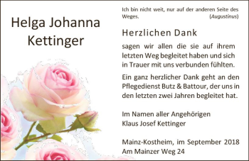 Traueranzeige von Helga Johanna Kettinger von vrm-trauer