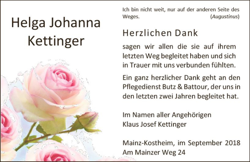  Traueranzeige für Helga Johanna Kettinger vom 01.09.2018 aus vrm-trauer
