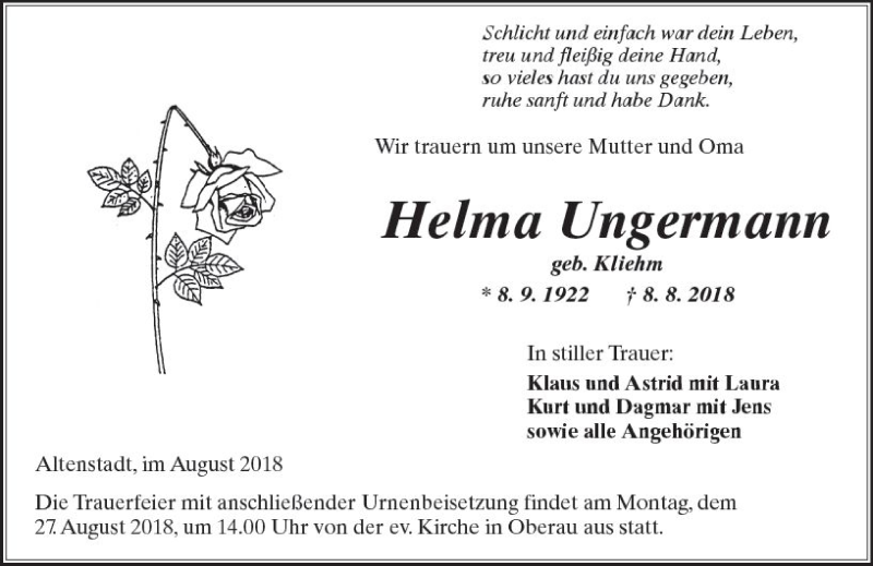  Traueranzeige für Helma Ungermann vom 25.08.2018 aus  Kreisanzeiger