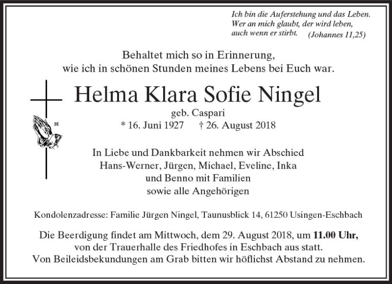  Traueranzeige für Helma Klara Sofie Ningel vom 28.08.2018 aus  Usinger Anzeiger