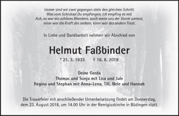 Traueranzeige von Helmut Faßbinder von  Kreisanzeiger
