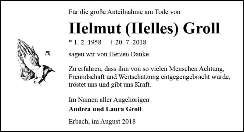  Traueranzeige für Helmut Groll vom 25.08.2018 aus vrm-trauer