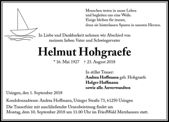 Traueranzeige von Helmut Hohgraefe von  Usinger Anzeiger