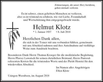 Traueranzeige von Helmut Klotz von  Usinger Anzeiger