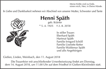 Traueranzeige von Henni Späth von  Gießener Anzeiger