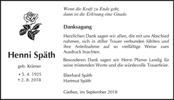 Traueranzeige von Henni Späth von  Gießener Anzeiger