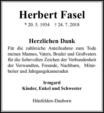 Traueranzeige von Herbert Fasel von  Camberger Anzeiger