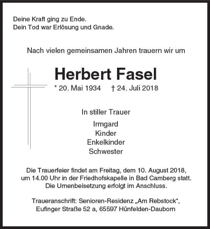  Traueranzeige für Herbert Fasel vom 02.08.2018 aus  Camberger Anzeiger