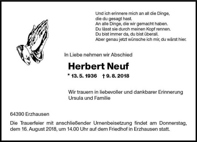  Traueranzeige für Herbert Neuf vom 13.08.2018 aus vrm-trauer
