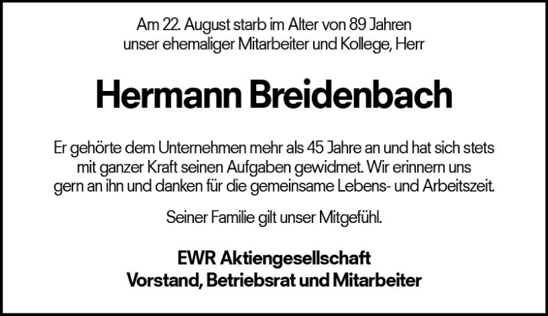  Traueranzeige für Hermann Breidenbach vom 25.08.2018 aus vrm-trauer