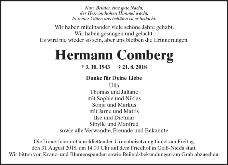  Traueranzeige für Hermann Comberg vom 28.08.2018 aus  Kreisanzeiger