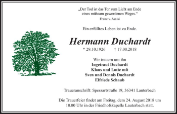 Traueranzeige von Hermann Duchardt von VRM Trauer