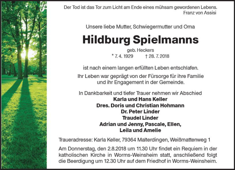  Traueranzeige für Hildburg Spielmanns vom 01.08.2018 aus vrm-trauer