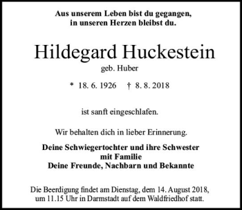 Traueranzeige von Hildegard Huckestein von vrm-trauer