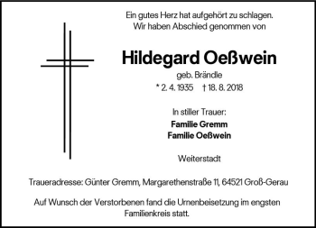 Traueranzeige von Hildegard Oeßwein von vrm-trauer